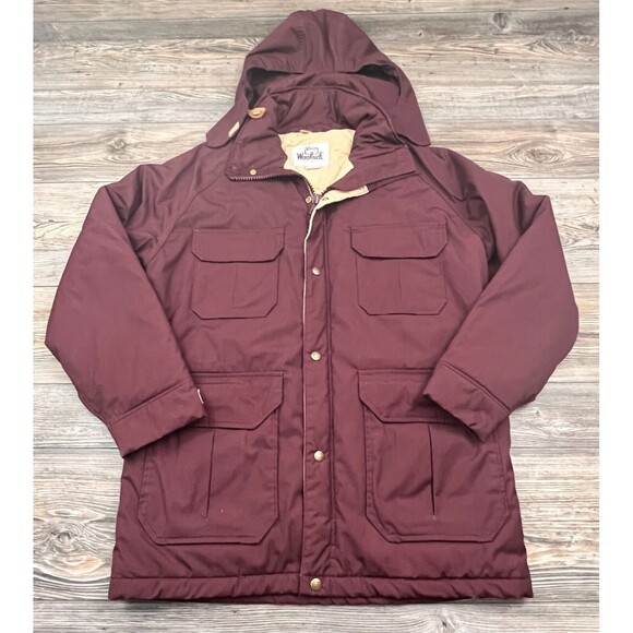 Vtg Woolrich Mens Jacket M Burgundy Hood Full Zip Snap Pocket Cabincore Gorpcore